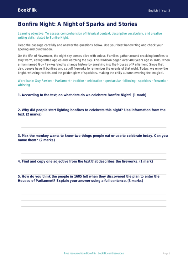 Free Bonfire Night Assessment | Year 3 Core | BookFlik worksheet preview — English Bonfire Night
