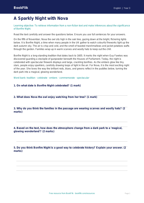 Free Bonfire Night Comprehension | Year 3 Core | BookFlik worksheet preview — English Bonfire Night