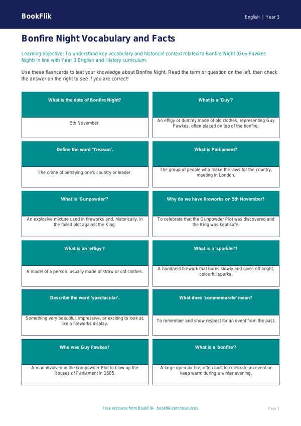 Free Bonfire Night Flashcards | Year 3 Core | BookFlik worksheet preview — English Bonfire Night