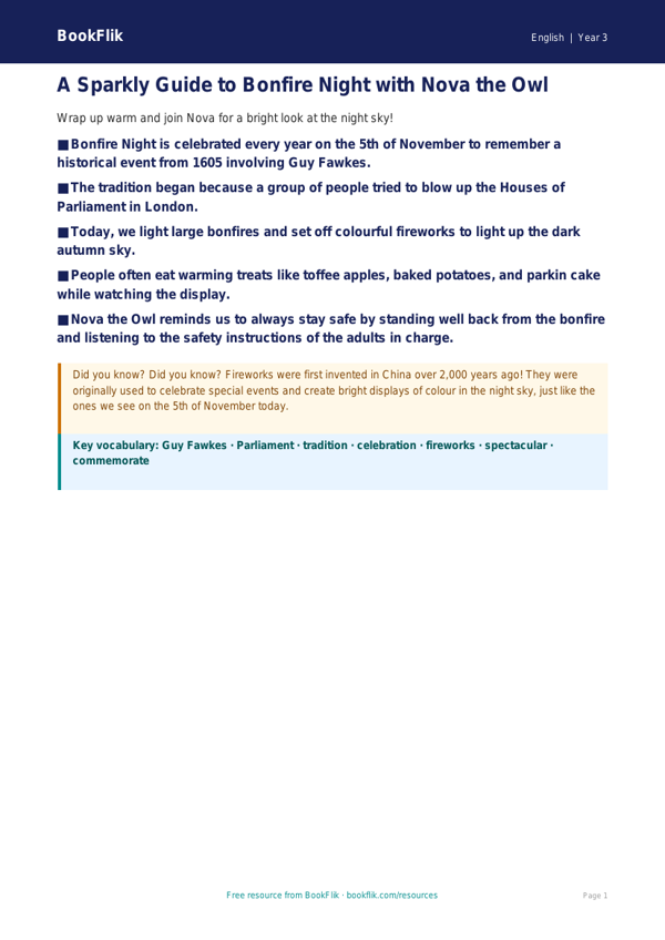 Free Bonfire Night Poster | Year 3 Core | BookFlik worksheet preview — English Bonfire Night