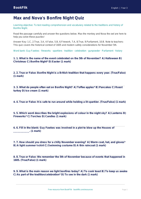 Free Bonfire Night Quiz | Year 3 Core | BookFlik worksheet preview — English Bonfire Night