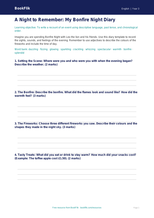 Free Bonfire Night Template | Year 3 Core | BookFlik worksheet preview — English Bonfire Night