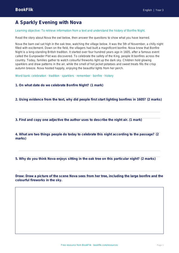 Free Bonfire Night Track Sheet | Year 3 Core | BookFlik worksheet preview — English Bonfire Night