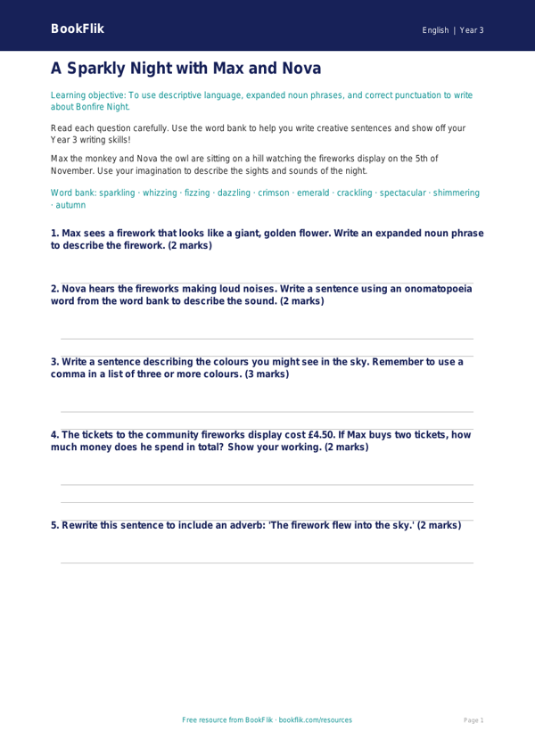 Free Bonfire Night Worksheet | Year 3 Core | BookFlik worksheet preview — English Bonfire Night