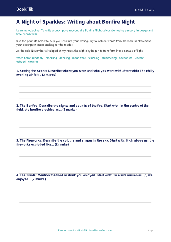 Free Bonfire Night Writing Frame | Year 3 Core | BookFlik worksheet preview — English Bonfire Night