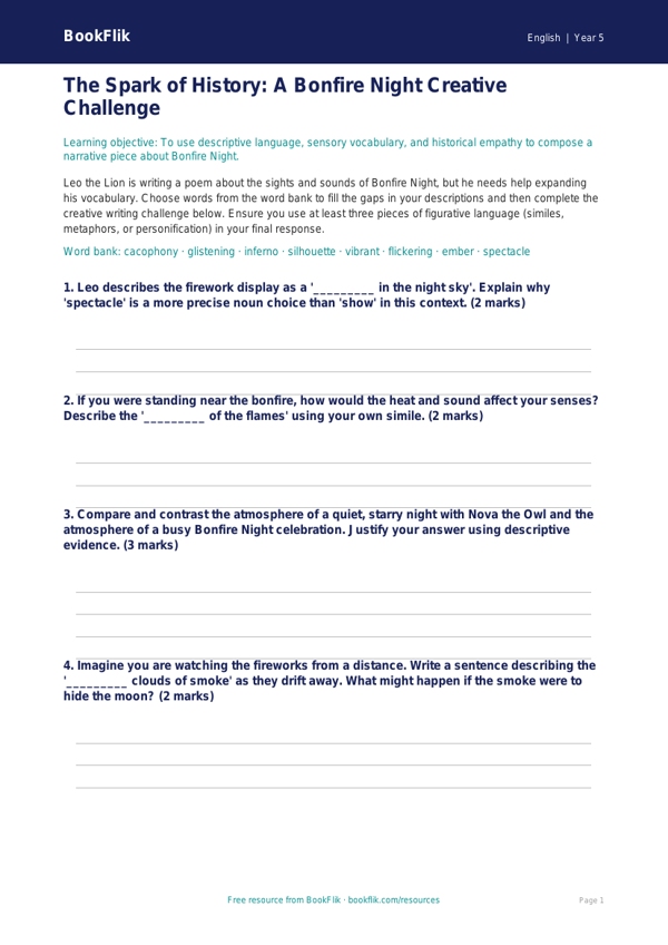 Free Bonfire Night Activity Sheet | Year 5 Greater Depth | BookFlik worksheet preview — English Bonfire Night