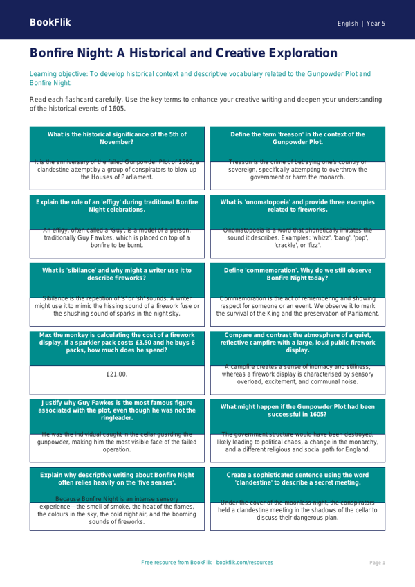 Free Bonfire Night Flashcards | Year 5 Greater Depth | BookFlik worksheet preview — English Bonfire Night