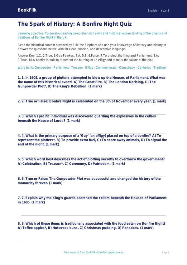 Free Bonfire Night Quiz | Year 5 Greater Depth | BookFlik worksheet preview — English Bonfire Night