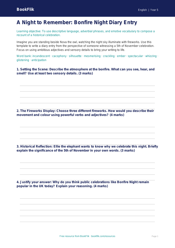 Free Bonfire Night Template | Year 5 Greater Depth | BookFlik worksheet preview — English Bonfire Night