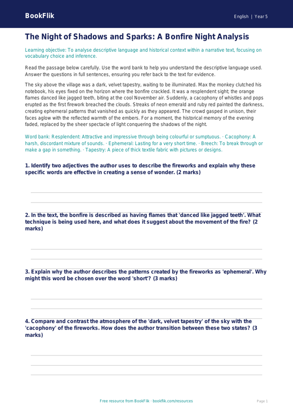 Free Bonfire Night Track Sheet | Year 5 Greater Depth | BookFlik worksheet preview — English Bonfire Night