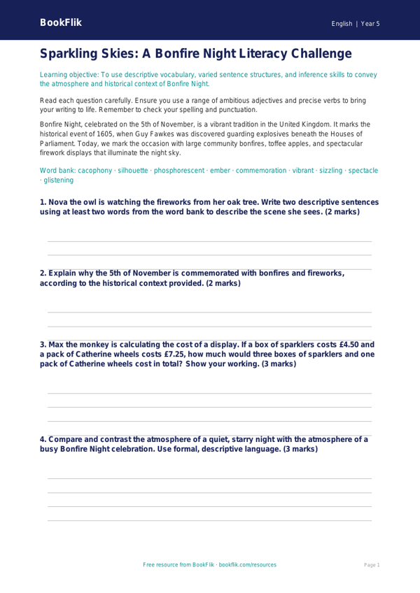 Free Bonfire Night Worksheet | Year 5 Greater Depth | BookFlik worksheet preview — English Bonfire Night