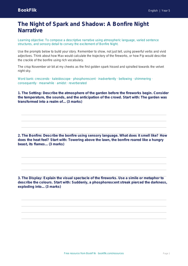 Free Bonfire Night Writing Frame | Year 5 Greater Depth | BookFlik worksheet preview — English Bonfire Night