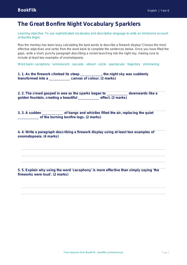 Free Bonfire Night Activity Sheet | Year 6 Core | BookFlik worksheet preview — English Bonfire Night