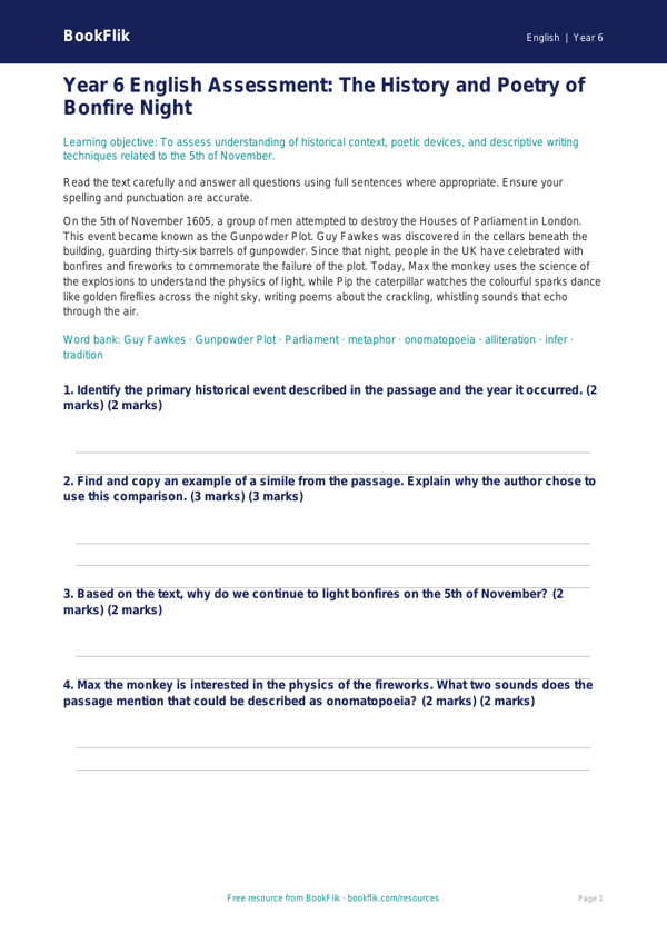 Free Bonfire Night Assessment | Year 6 Core | BookFlik worksheet preview — English Bonfire Night