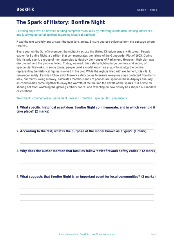 Free Bonfire Night Comprehension | Year 6 Core | BookFlik worksheet preview — English Bonfire Night