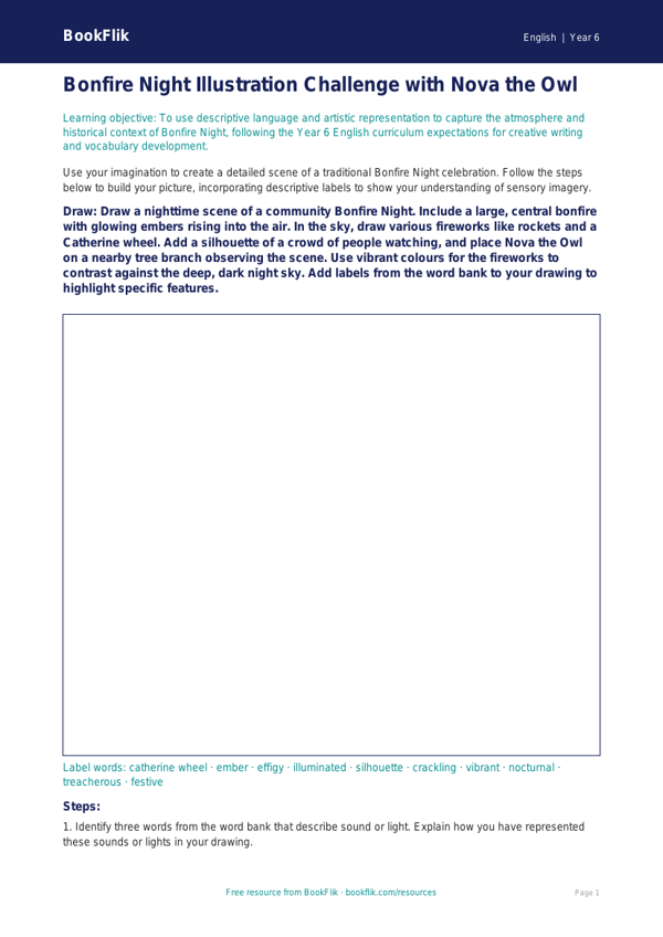 Free Bonfire Night Drawing Sheet | Year 6 Core | BookFlik worksheet preview — English Bonfire Night