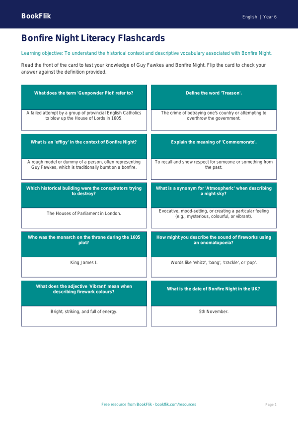 Free Bonfire Night Flashcards | Year 6 Core | BookFlik worksheet preview — English Bonfire Night