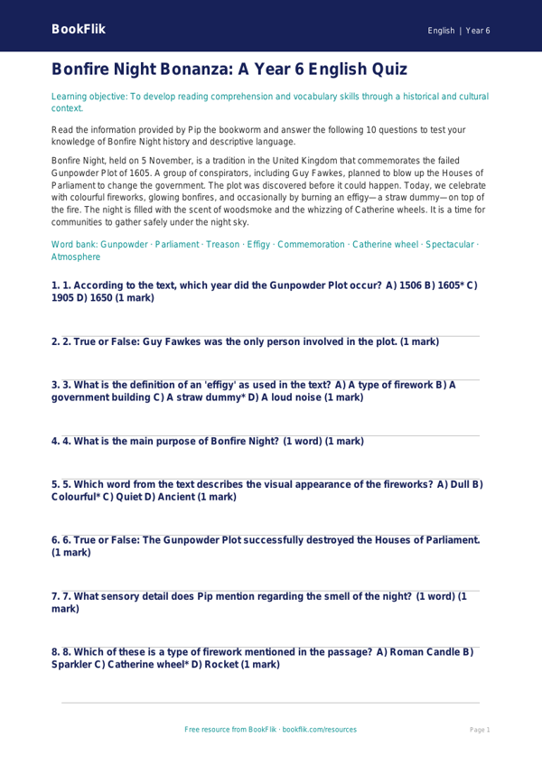 Free Bonfire Night Quiz | Year 6 Core | BookFlik worksheet preview — English Bonfire Night