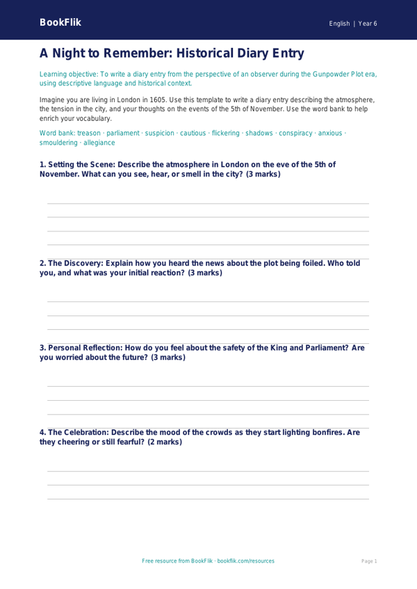 Free Bonfire Night Template | Year 6 Core | BookFlik worksheet preview — English Bonfire Night