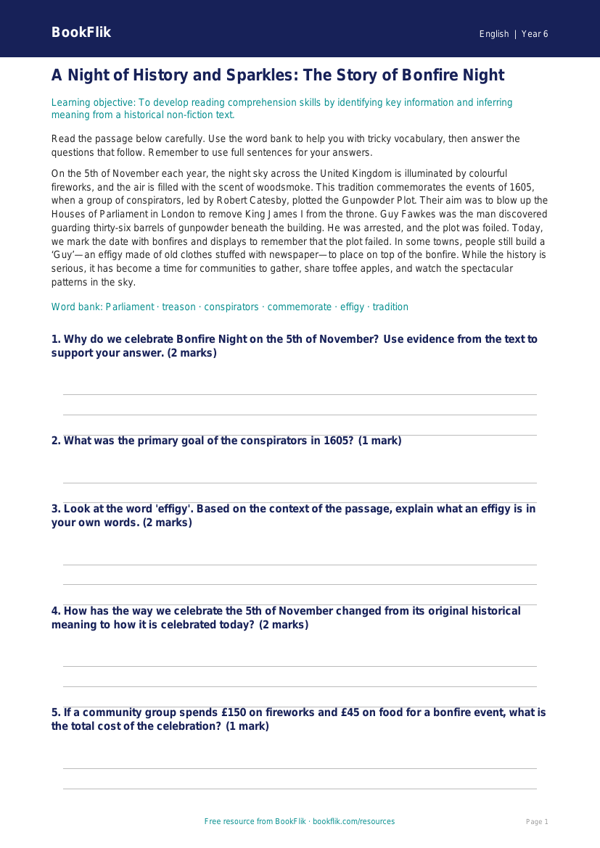 Free Bonfire Night Track Sheet | Year 6 Core | BookFlik worksheet preview — English Bonfire Night