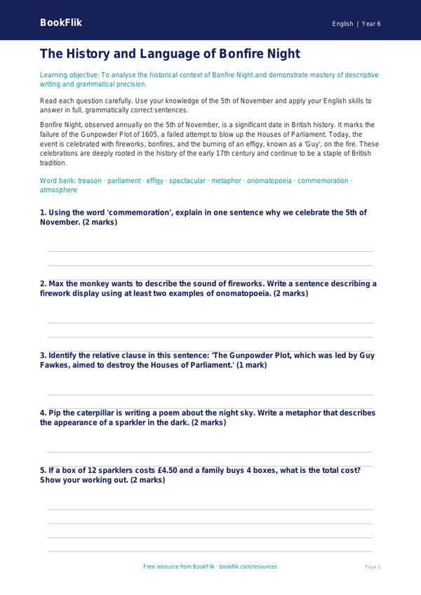 Free Bonfire Night Worksheet | Year 6 Core | BookFlik worksheet preview — English Bonfire Night