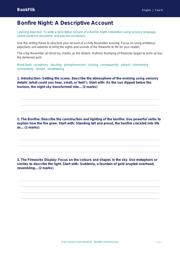 Free Bonfire Night Writing Frame | Year 6 Core | BookFlik worksheet preview — English Bonfire Night