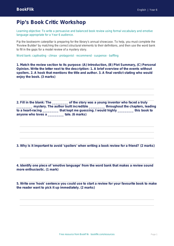 Free Book Review Activity Sheet | Year 6 Core | BookFlik worksheet preview — English Book Review