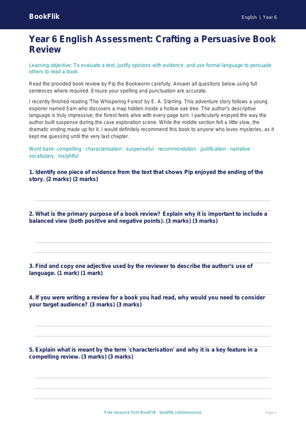 Free Book Review Assessment | Year 6 Core | BookFlik worksheet preview — English Book Review