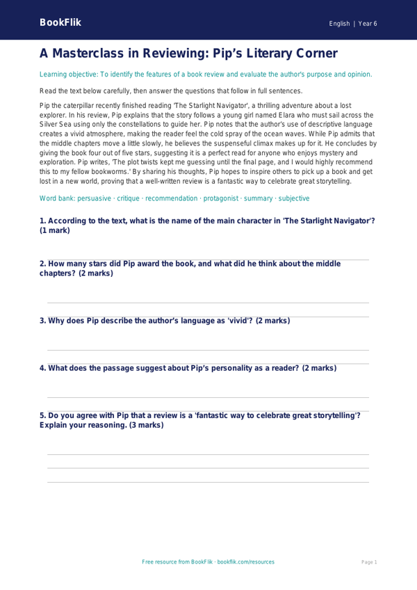 Free Book Review Comprehension | Year 6 Core | BookFlik worksheet preview — English Book Review