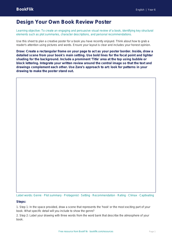 Free Book Review Drawing Sheet | Year 6 Core | BookFlik worksheet preview — English Book Review