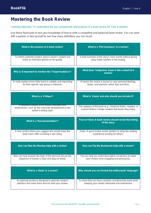 Free Book Review Flashcards | Year 6 Core | BookFlik worksheet preview — English Book Review