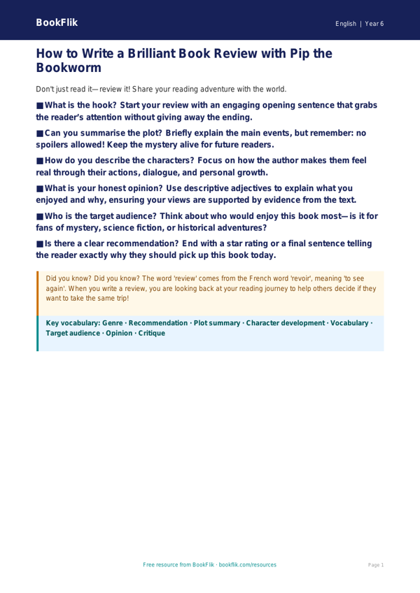 Free Book Review Poster | Year 6 Core | BookFlik worksheet preview — English Book Review