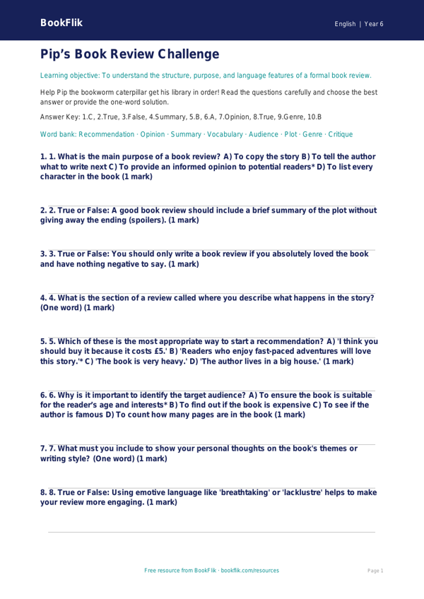 Free Book Review Quiz | Year 6 Core | BookFlik worksheet preview — English Book Review