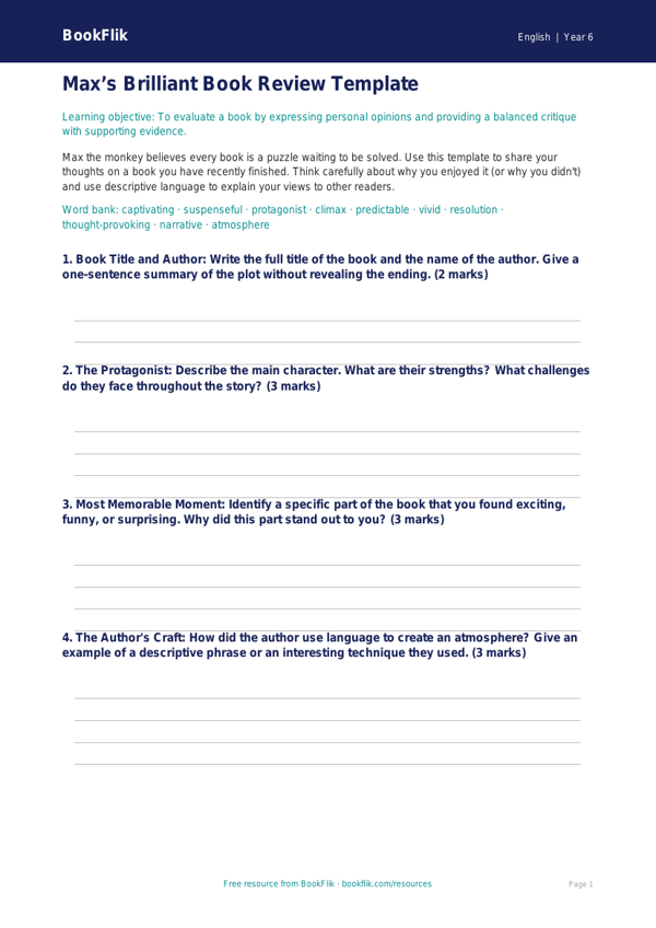 Free Book Review Template | Year 6 Core | BookFlik worksheet preview — English Book Review