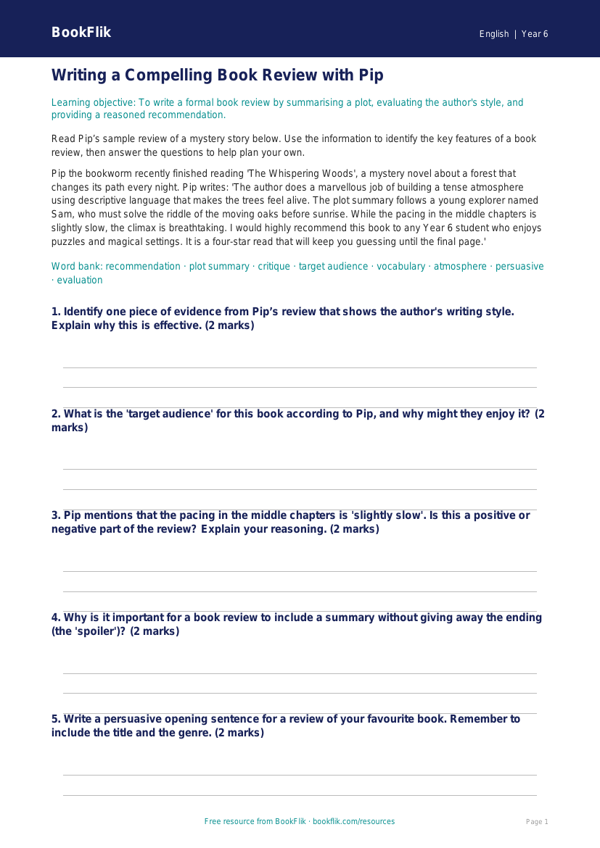 Free Book Review Track Sheet | Year 6 Core | BookFlik worksheet preview — English Book Review