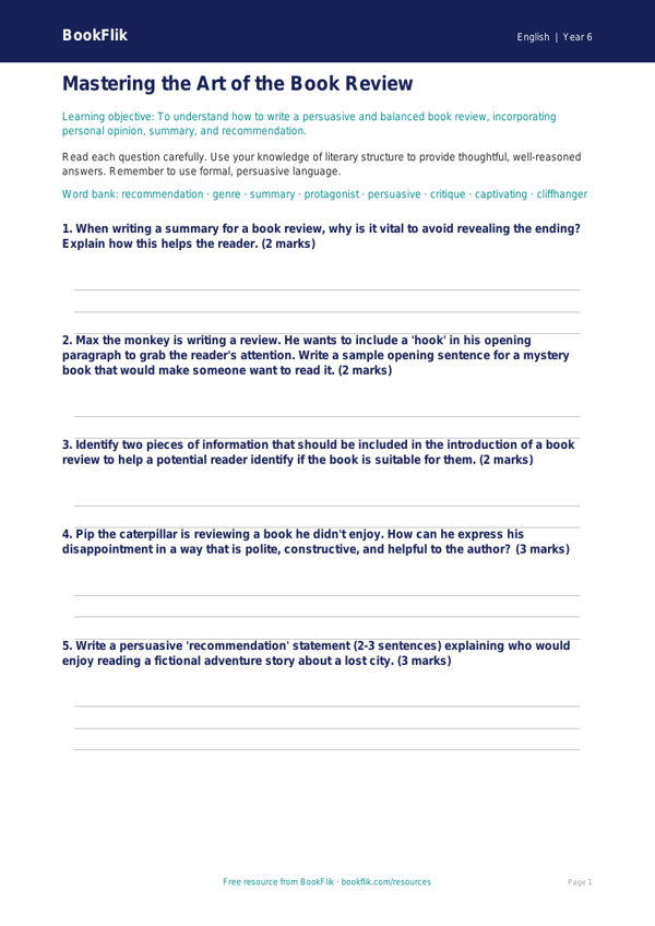 Free Book Review Worksheet | Year 6 Core | BookFlik worksheet preview — English Book Review