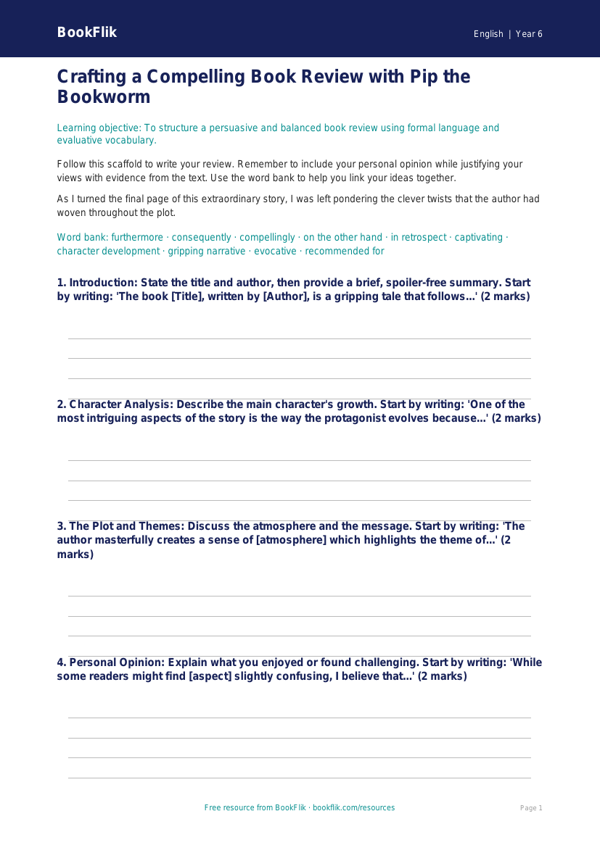 Free Book Review Writing Frame | Year 6 Core | BookFlik worksheet preview — English Book Review