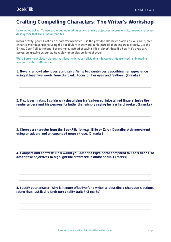 Free Character Description Activity Sheet | Year 5 Greater Depth | BookFlik worksheet preview — English Character Description