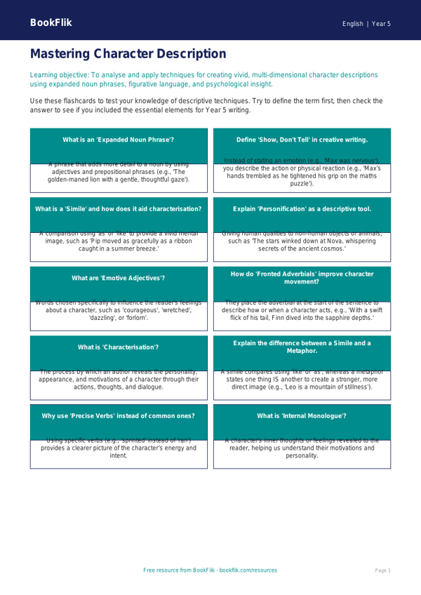 Free Character Description Flashcards | Year 5 Greater Depth | BookFlik worksheet preview — English Character Description