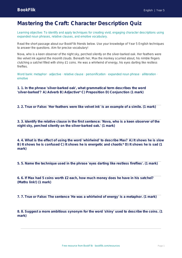 Free Character Description Quiz | Year 5 Greater Depth | BookFlik worksheet preview — English Character Description