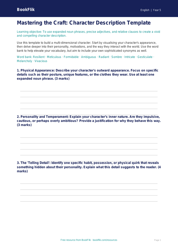 Free Character Description Template | Year 5 Greater Depth | BookFlik worksheet preview — English Character Description