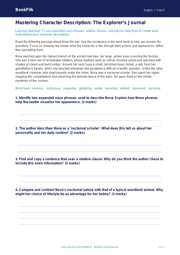 Free Character Description Track Sheet | Year 5 Greater Depth | BookFlik worksheet preview — English Character Description