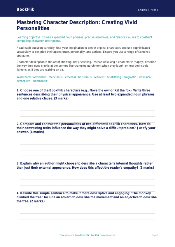 Free Character Description Worksheet | Year 5 Greater Depth | BookFlik worksheet preview — English Character Description