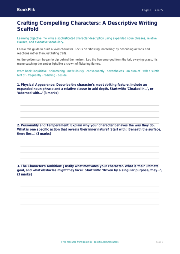 Free Character Description Writing Frame | Year 5 Greater Depth | BookFlik worksheet preview — English Character Description