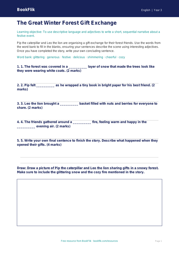 Free Christmas Story Activity Sheet | Year 3 Core | BookFlik worksheet preview — English Christmas Story