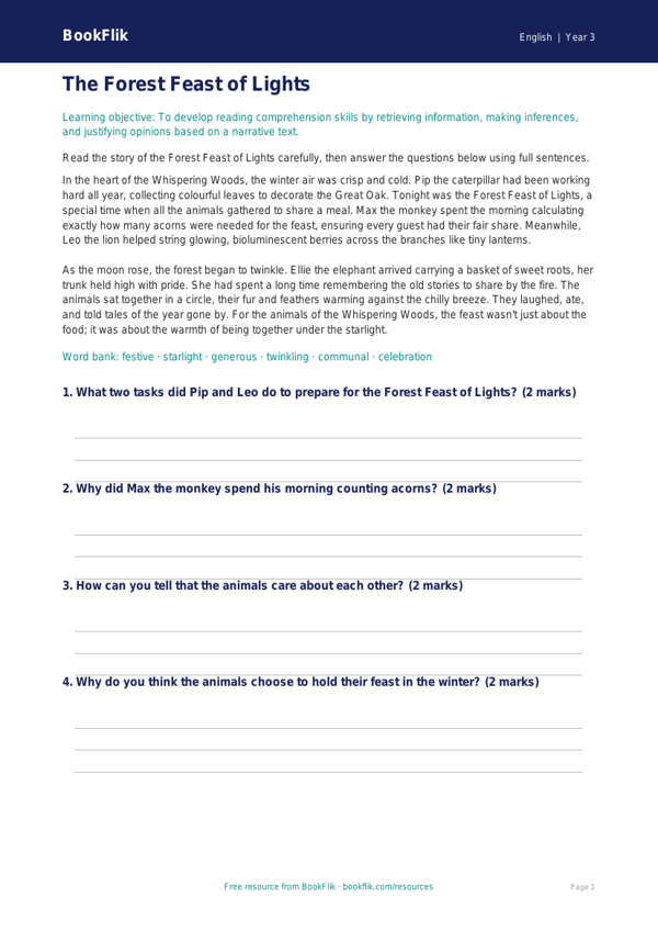 Free Christmas Story Comprehension | Year 3 Core | BookFlik worksheet preview — English Christmas Story