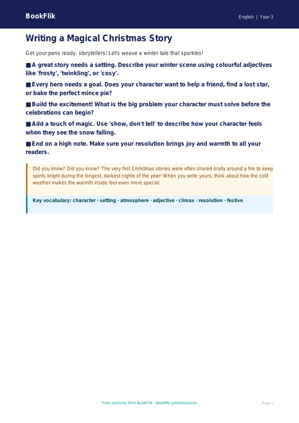 Free Christmas Story Poster | Year 3 Core | BookFlik worksheet preview — English Christmas Story