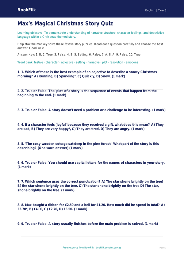 Free Christmas Story Quiz | Year 3 Core | BookFlik worksheet preview — English Christmas Story