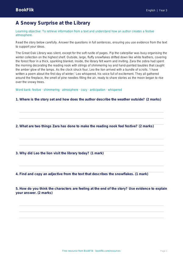 Free Christmas Story Track Sheet | Year 3 Core | BookFlik worksheet preview — English Christmas Story