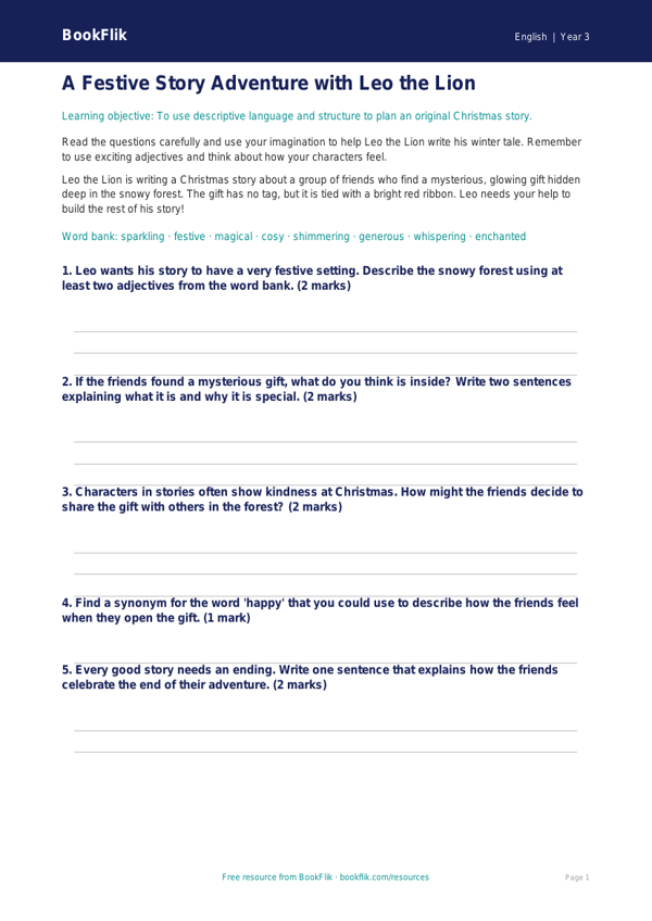 Free Christmas Story Worksheet | Year 3 Core | BookFlik worksheet preview — English Christmas Story